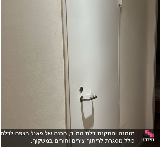 דלת לבנה עם ידית מתכת על רצפת עץ